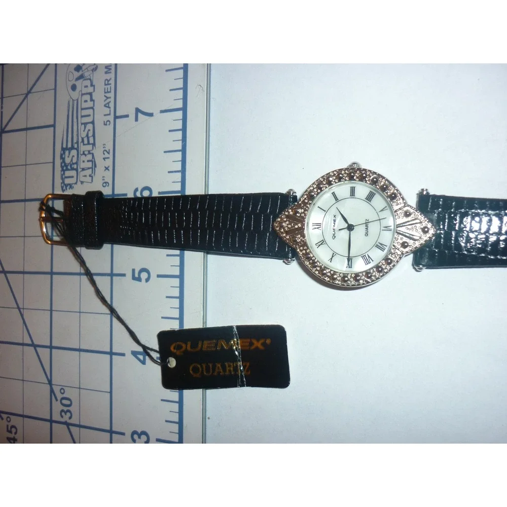 VTG Quemex Womens Watch Art Deco Style Silver Tone Dial Black New Battery NOS